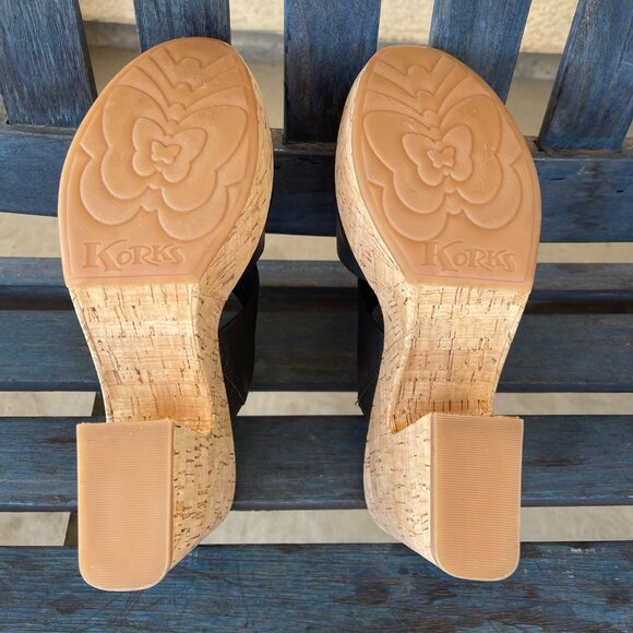 Korks Dezi Womens Platform Sandals 11M Black Leather Slip-On Cork Heel Open Toe - Picture 10 of 10